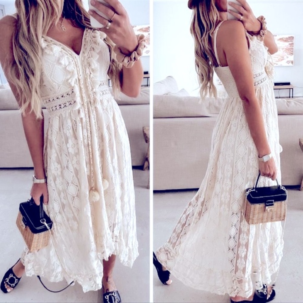 5 ⭐️ White New Boho Summer Lace Dress With Tassel Front